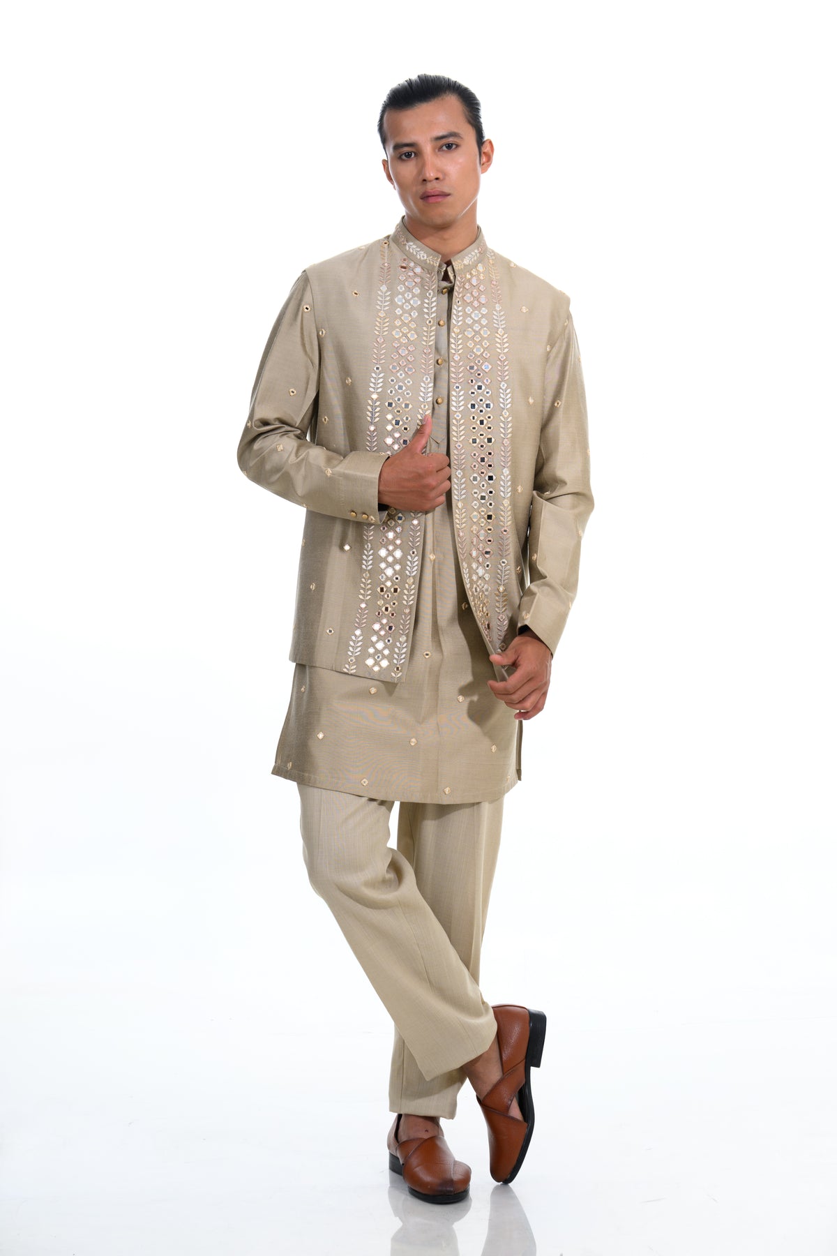 Fawn Mirror Embroidered Indo-Western Jacket Set