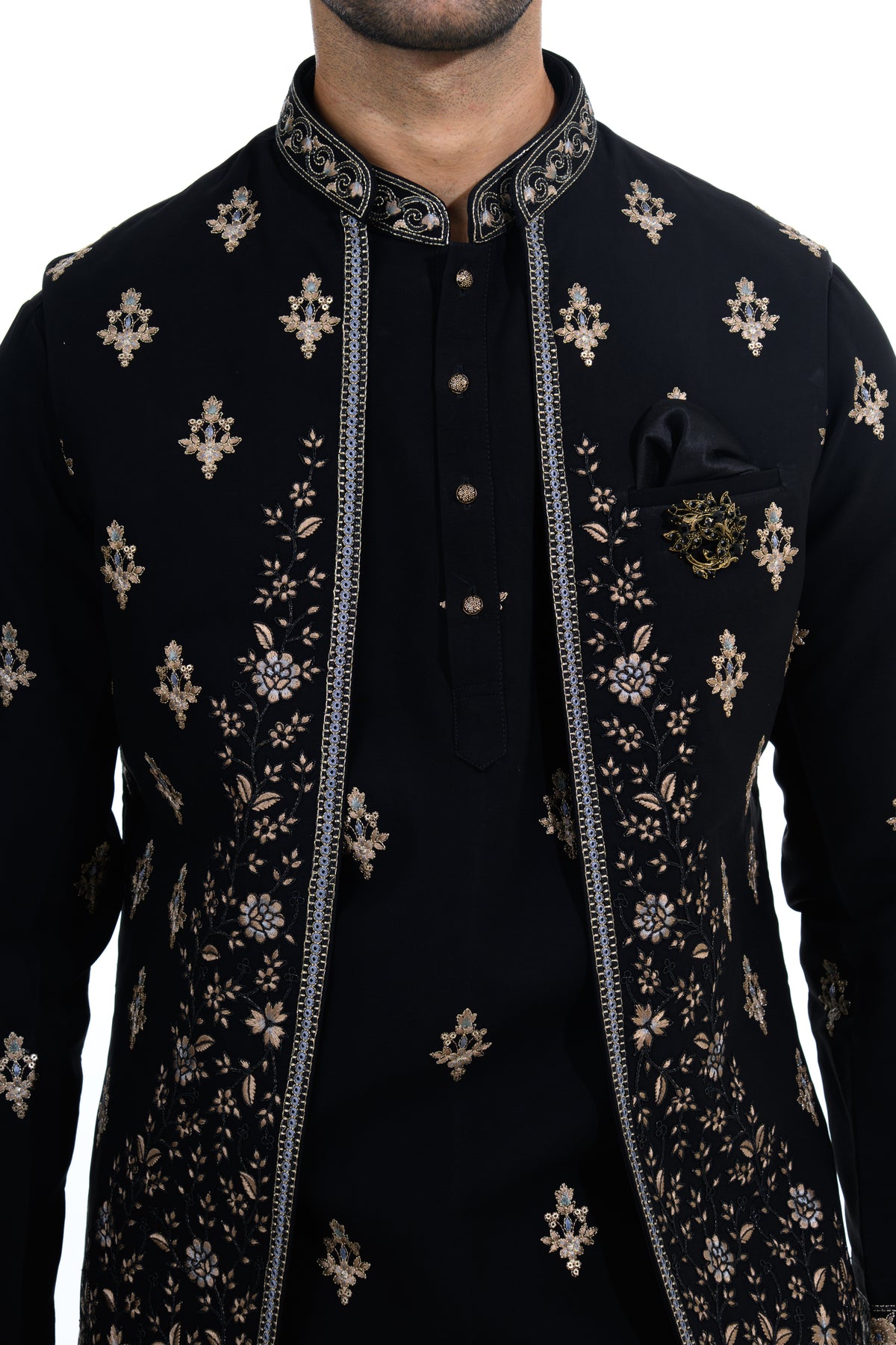 Midnight Black Embroidered Indo Western Set