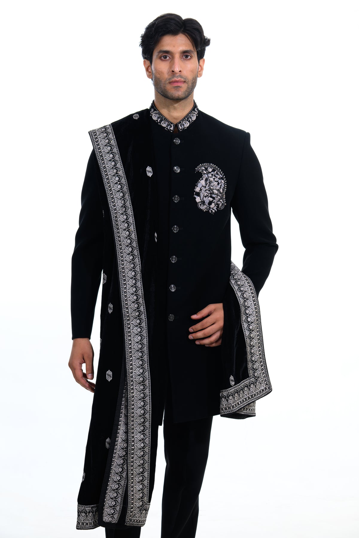 Midnight Black Embroidered Indo Western Set with Velvet Stole