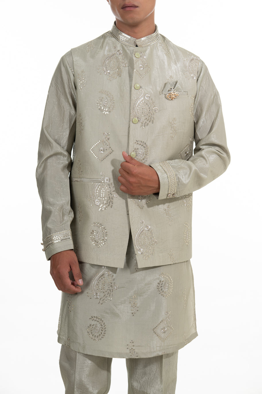 Pista Embroidered Kurta Jacket Set
