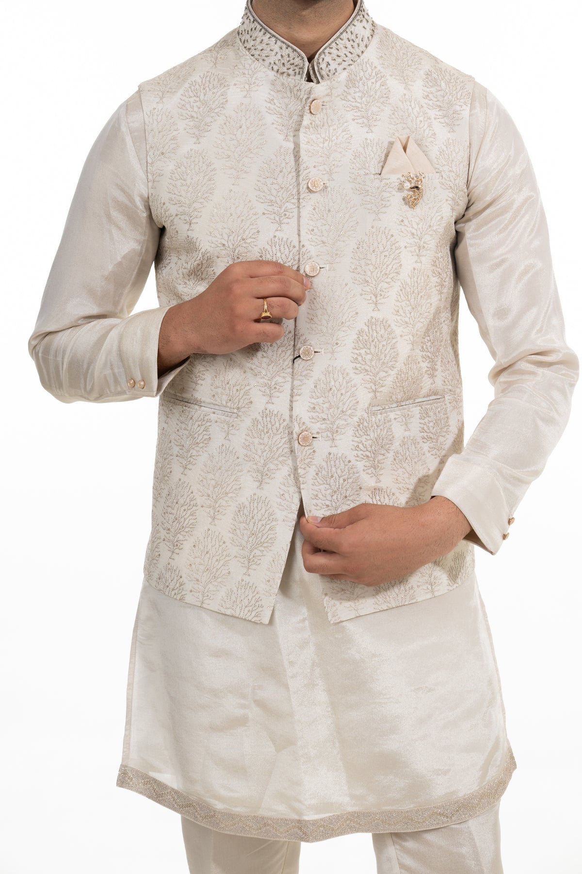 Cream Botanical Jacquard Kurta Jacket Set