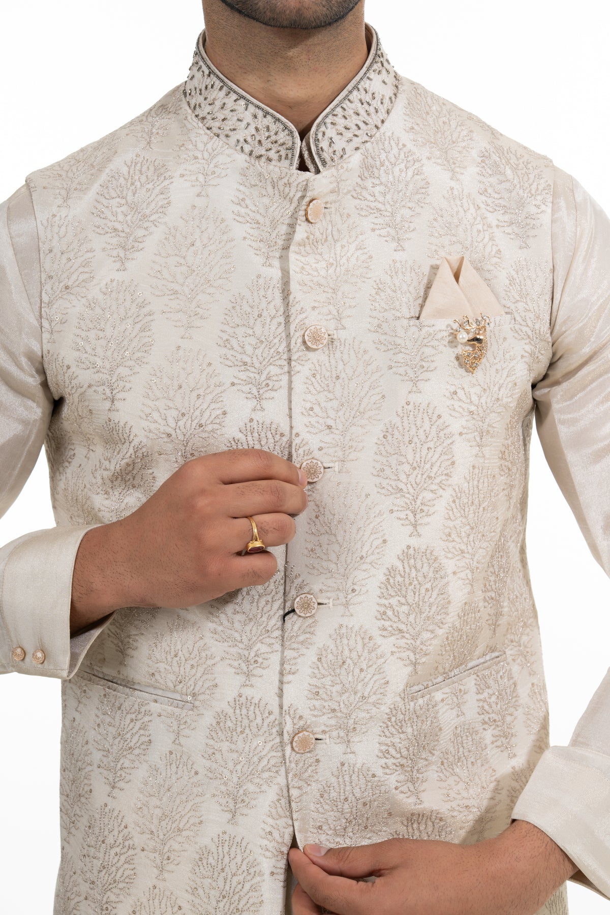Cream Botanical Jacquard Kurta Jacket Set