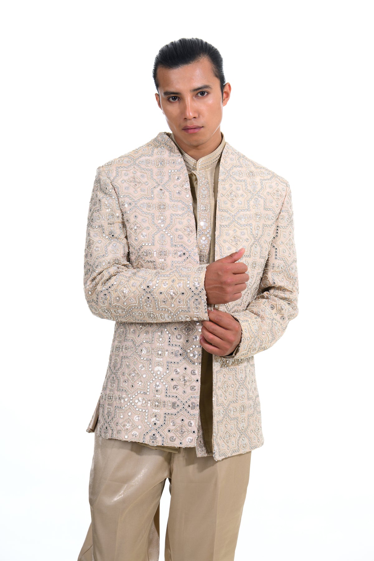 Champagne Mirrorwork Embroidered Indo Western Set