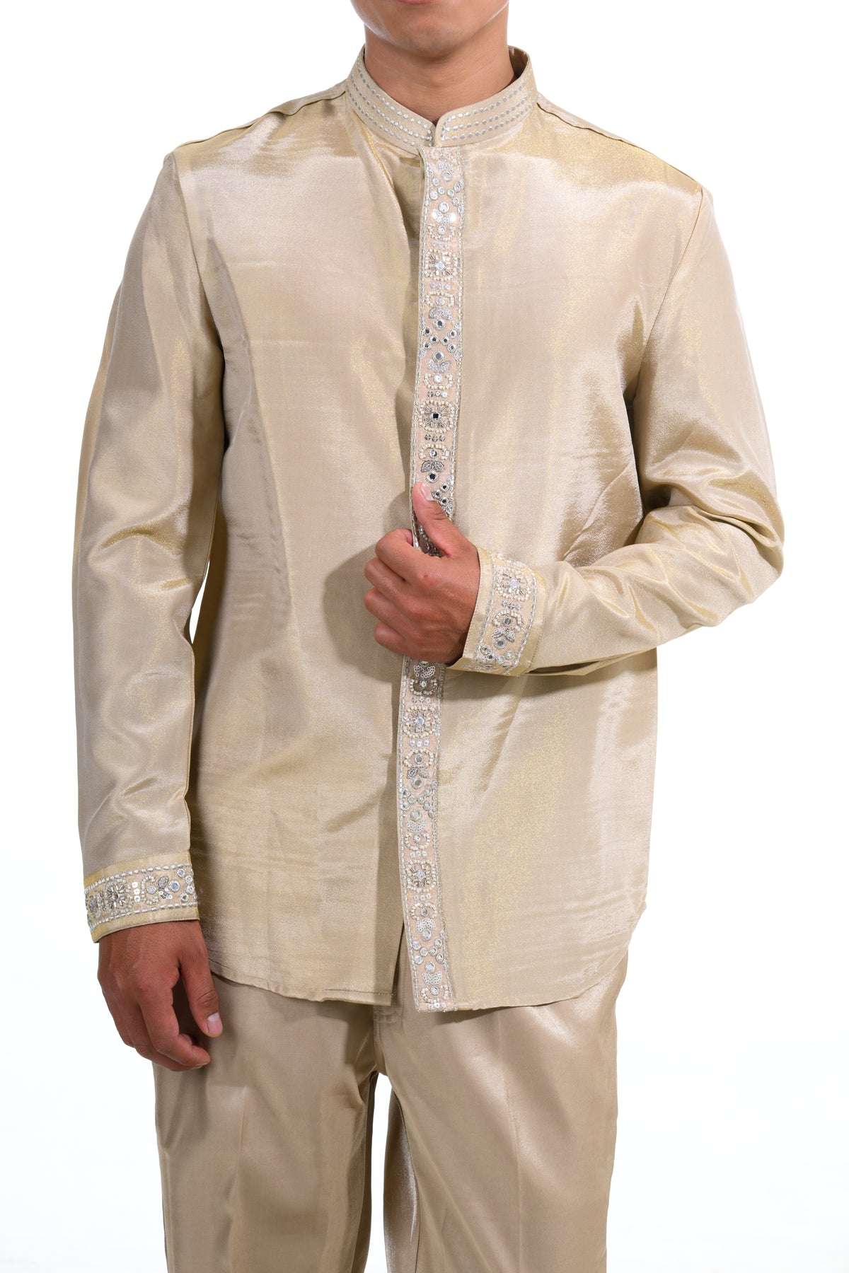 Champagne Mirrorwork Embroidered Indo Western Set