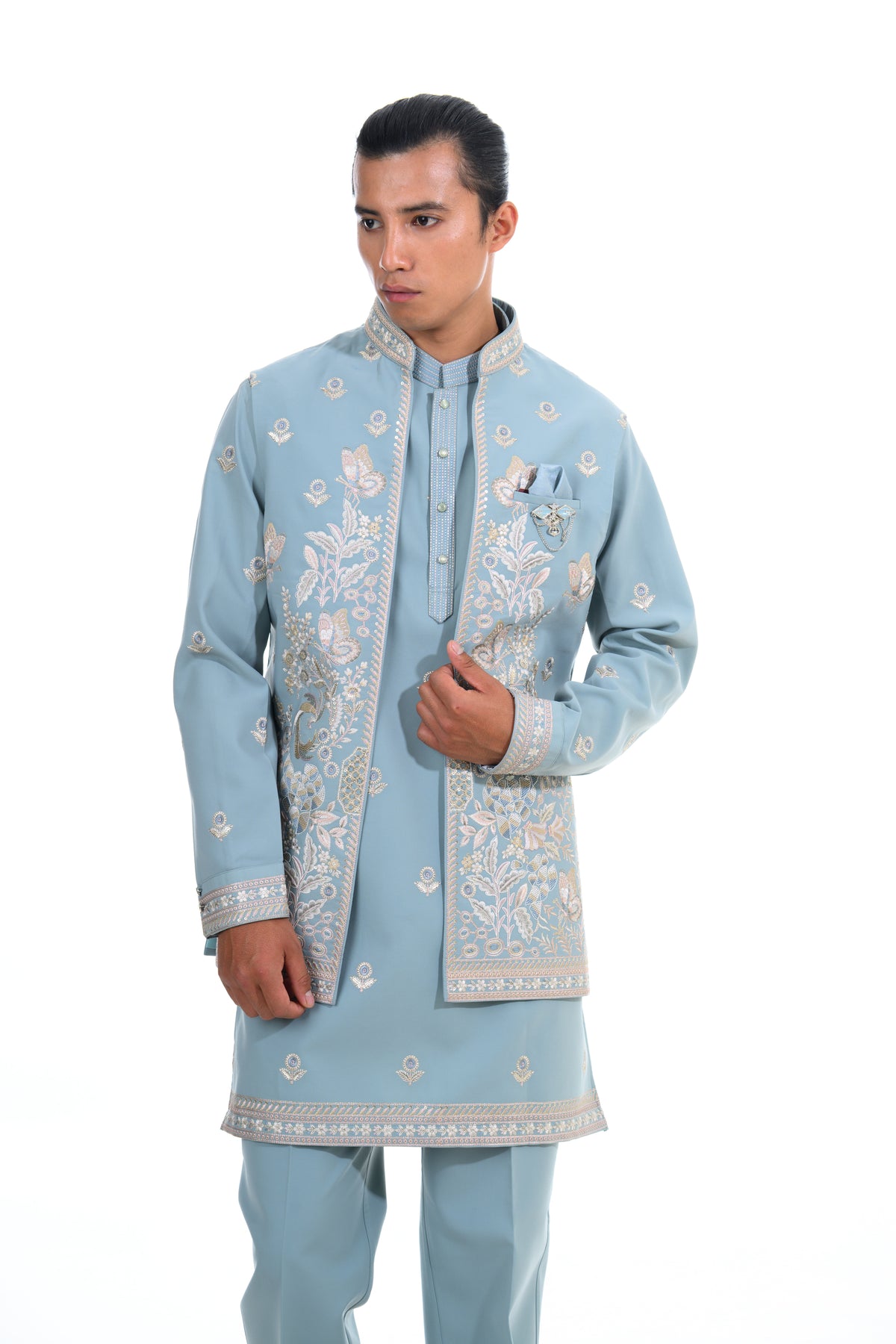 Powder Blue Botanical Embroidered Indo Western Set
