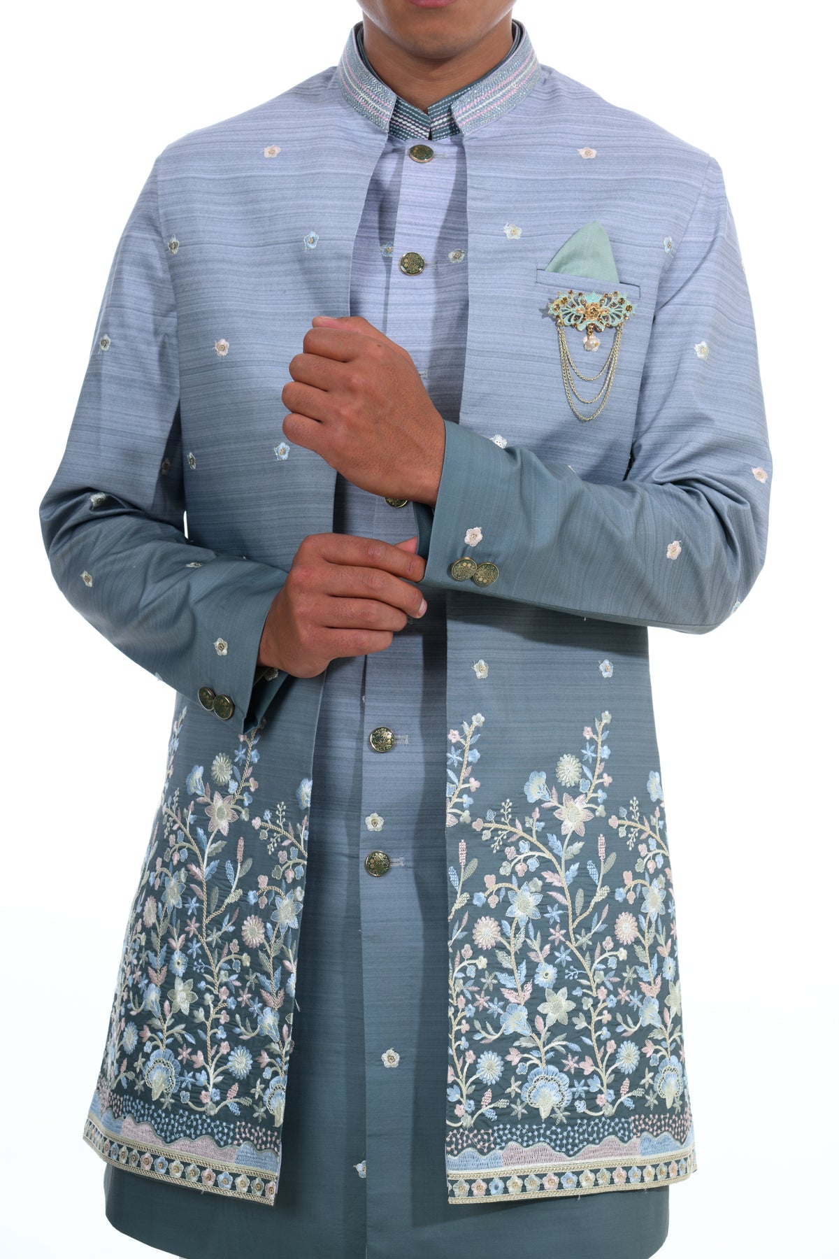 Aqua Floral Embroidered Indo Jacket Set