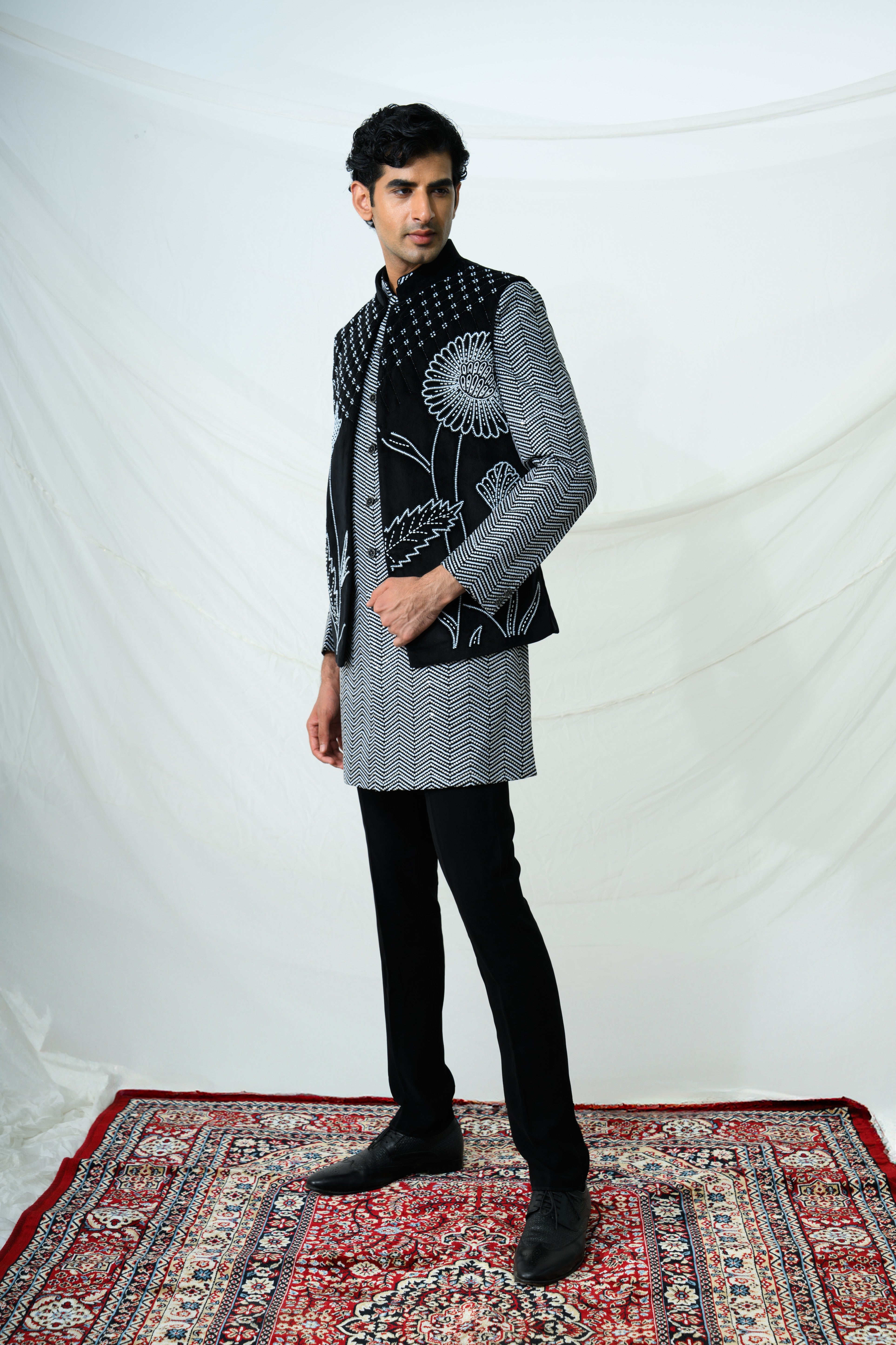 Monochrome Floral Embroidered Bundi Kurta Set