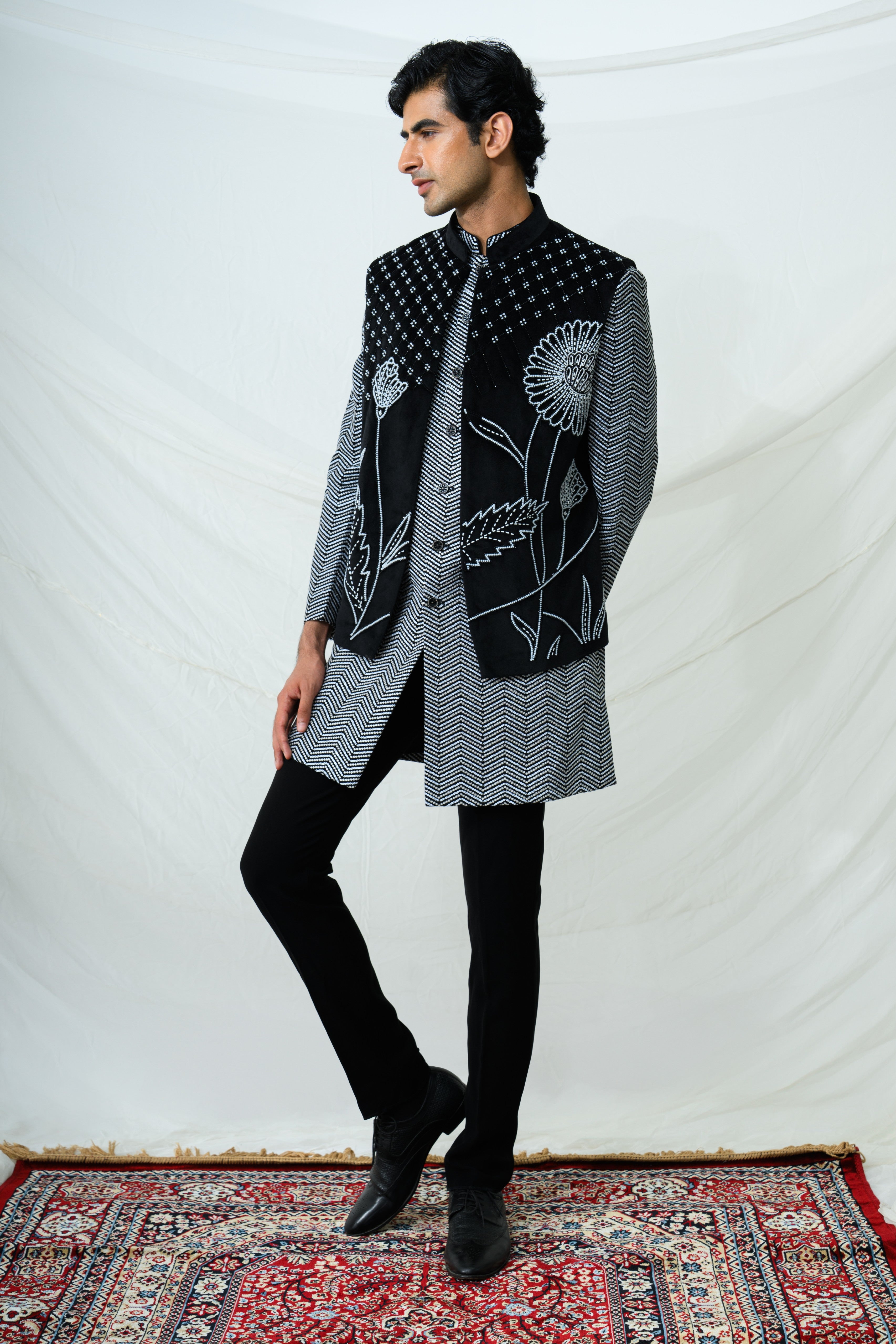Monochrome Floral Embroidered Bundi Kurta Set