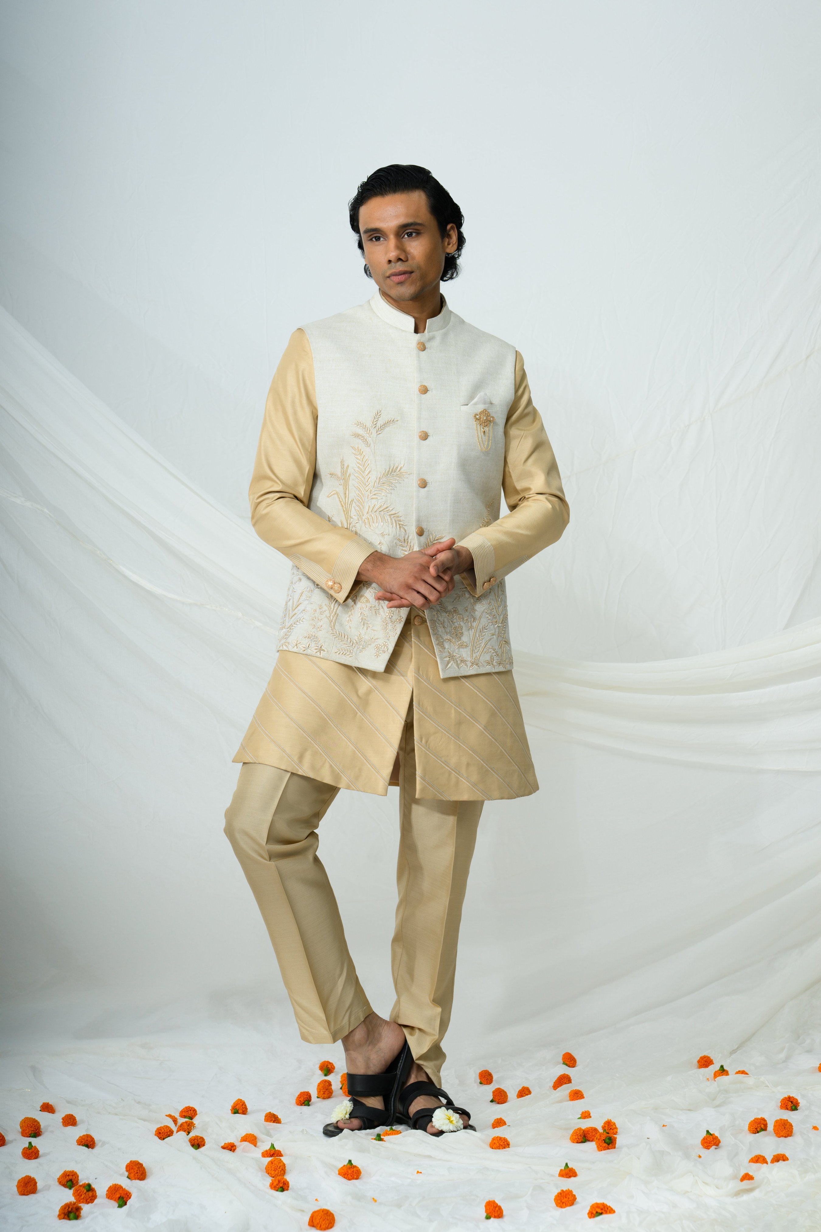 Gold Embroidered Bundi Draped Kurta Set