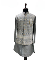 Load image into Gallery viewer, Grey & Ivory Brocade Shrug Kurta Set