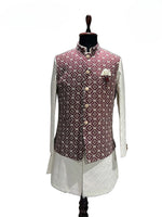 Load image into Gallery viewer, Maroon / White Shrug Kurta Set