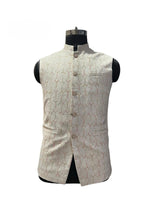Load image into Gallery viewer, Men’s Natural Textured Nehru Waistcoat with Subtle Multicolor Embroidery