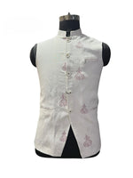 Load image into Gallery viewer, Men’s White Nehru Waistcoat with Maroon Embroidery