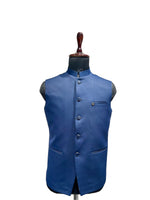 Load image into Gallery viewer, Men’s Blue Satin Finish Nehru Waistcoat with Metal Accents