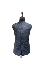 Load image into Gallery viewer, Blue Sequin Embellished Textured Nehru Waistcoat – Elegant Evening Wear