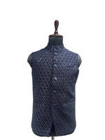 Load image into Gallery viewer, Blue Brocade Nehru Waistcoat with Diamond Motif – Wedding & Festive Wear
