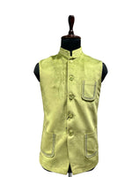 Load image into Gallery viewer, Parrot Green Suede Nehru Waistcoat – Fresh, Stylish, Contemporary