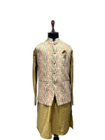 Load image into Gallery viewer, Golden Waistcoat Set with Printed Pastel Peach Waistcoat Set
