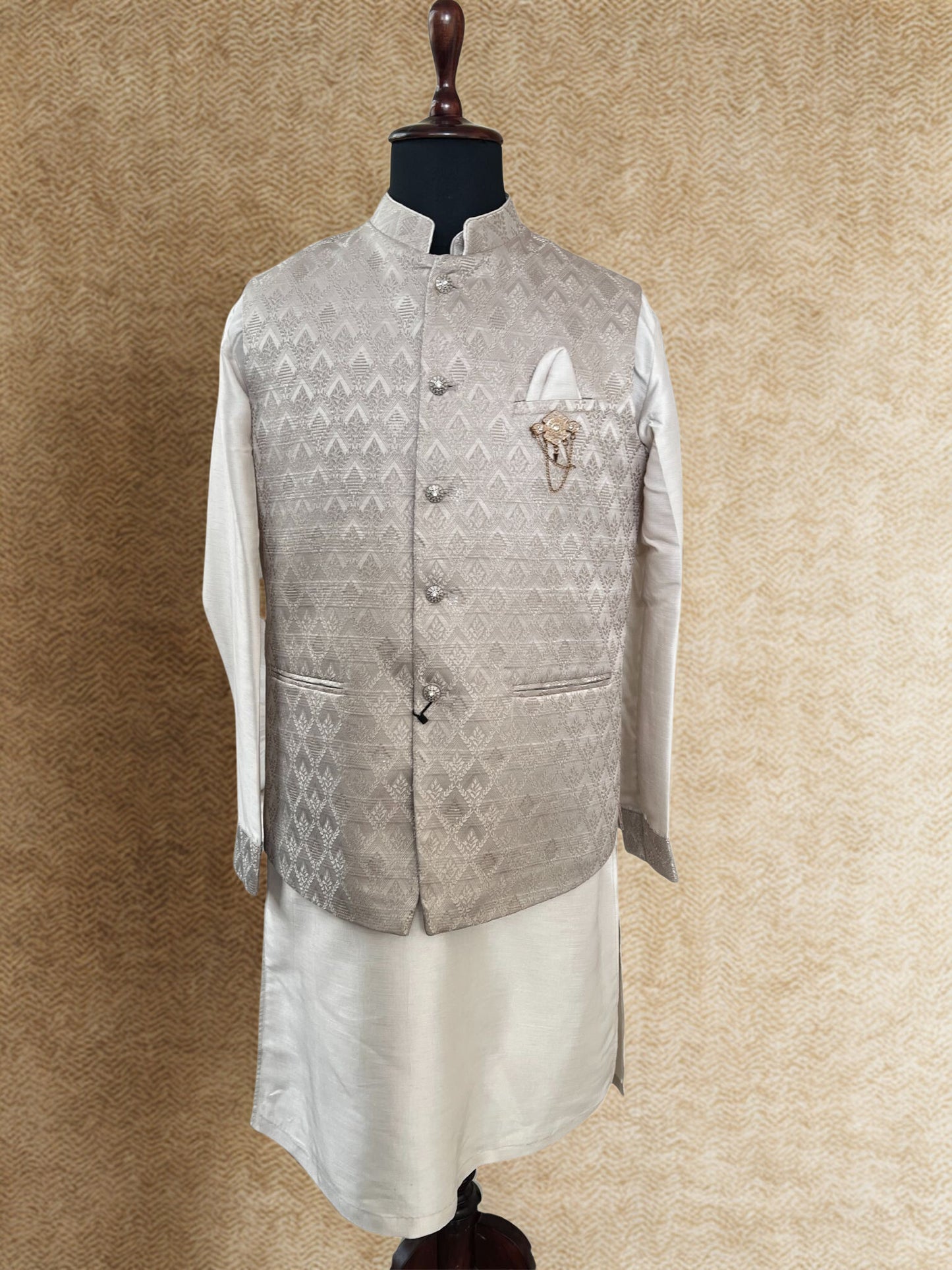 Beige /Ivory Brocade Waistcoat Kurta Set