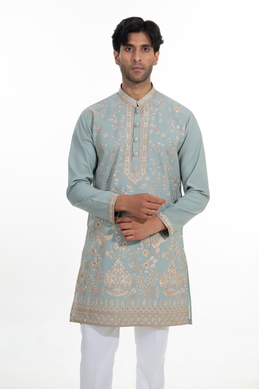 Celestial Sage Heritage Embroidered Kurta Set