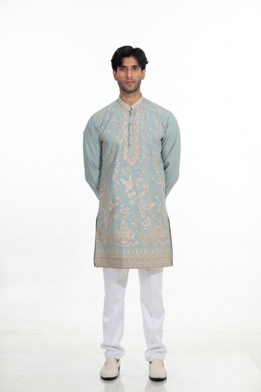 Celestial Sage Heritage Embroidered Kurta Set