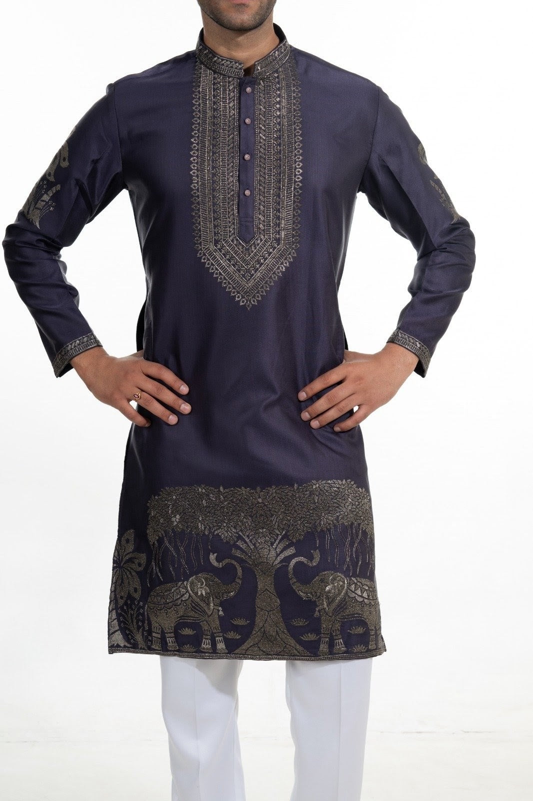 Midnight Indigo Heritage Motif Kurta Set with Embroidered Stole