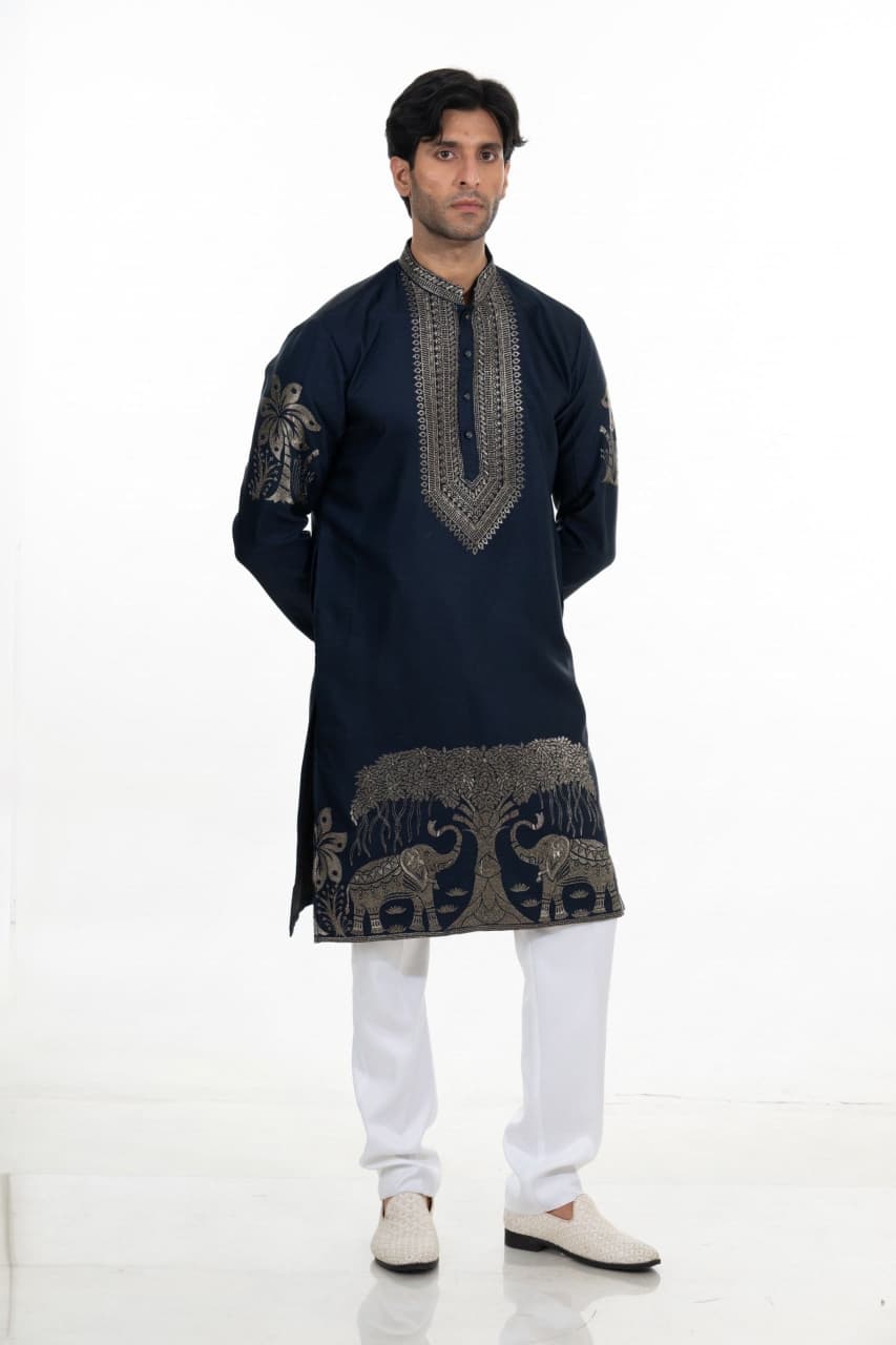 Midnight Blue Heritage Kurta Set with Embroidered Stole