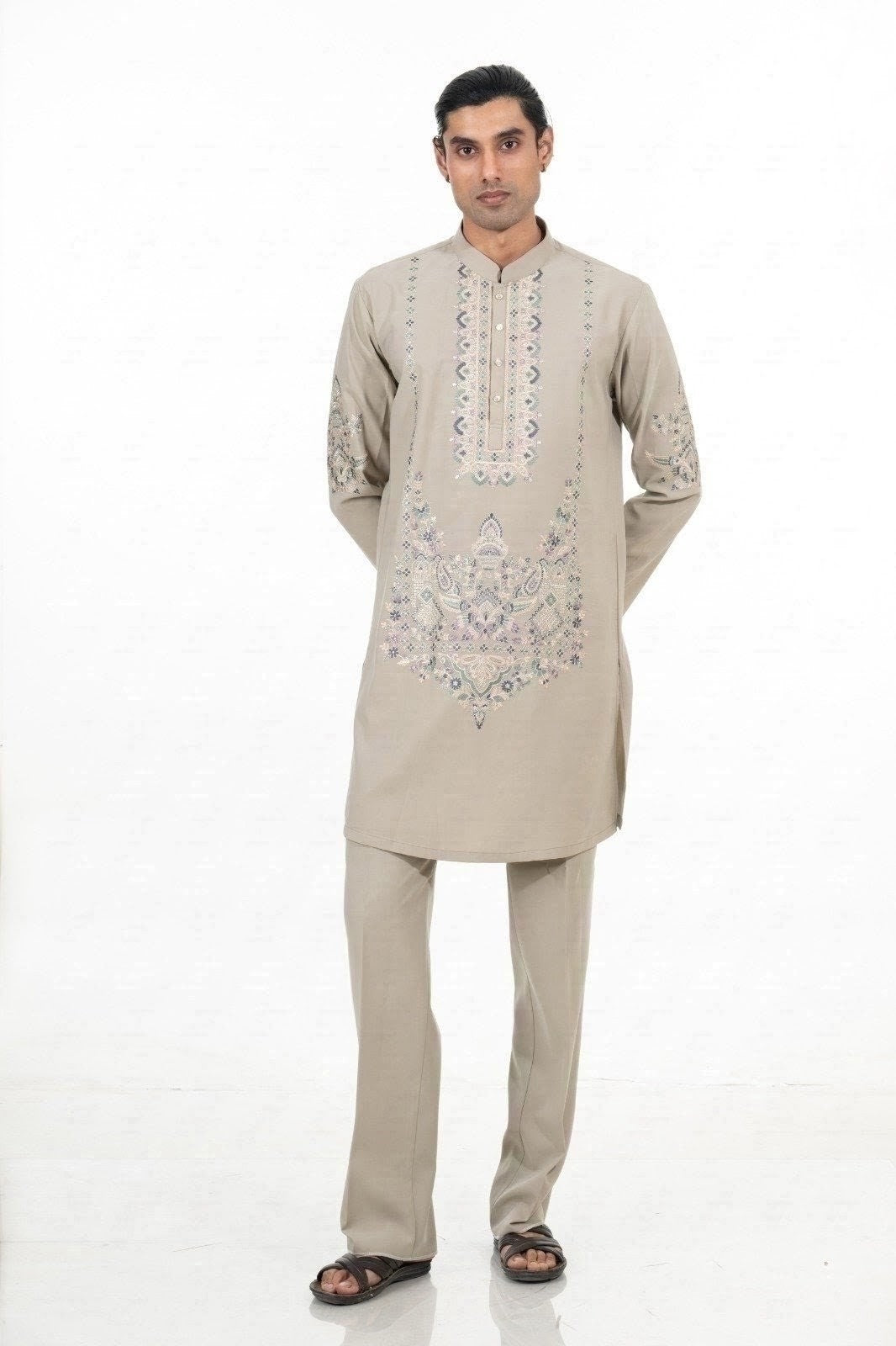 Stone Grey Ornate Embroidered Kurta Set