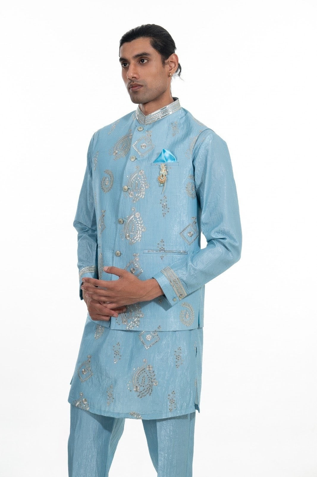 Sky Blue Embroidered Kurta Jacket Set
