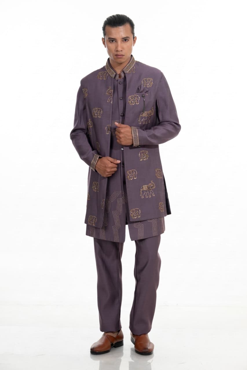 Purple Embroidered Indo Western Set