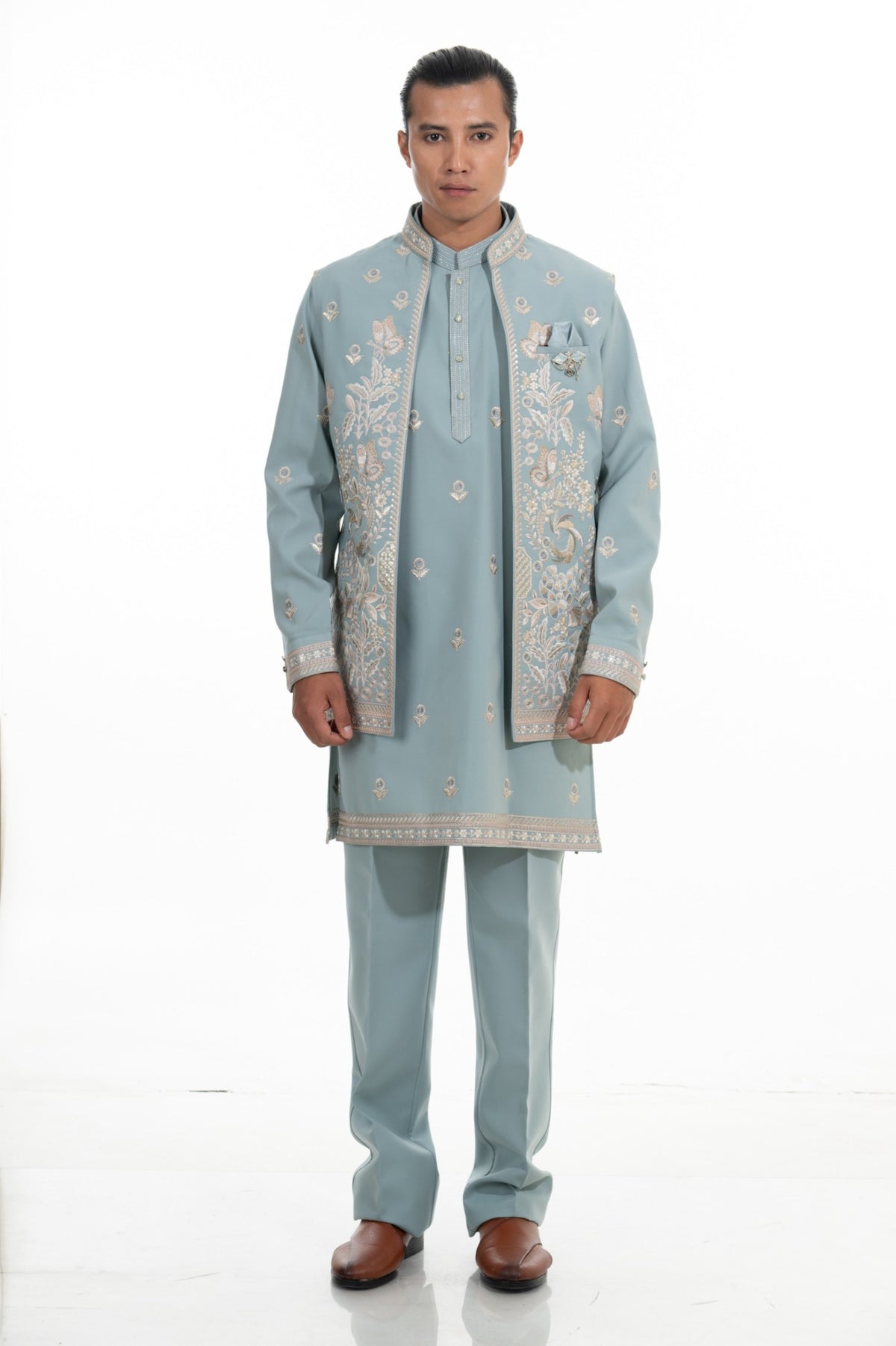 Powder Blue Floral Embroidered Indo Western Set