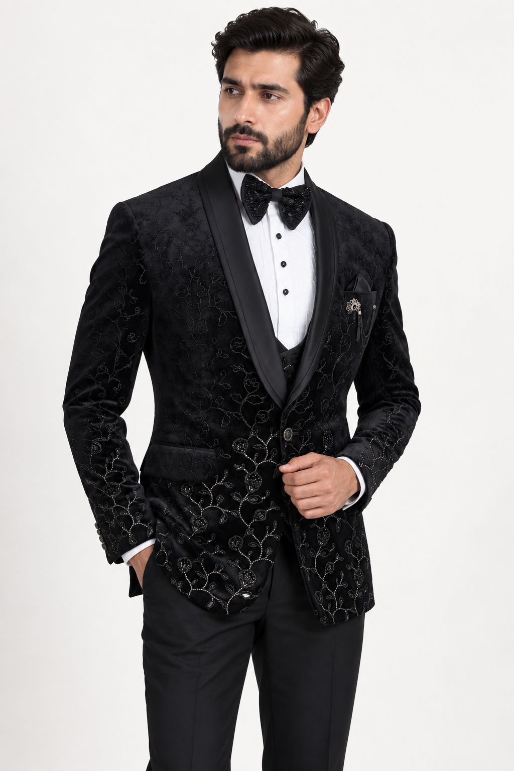 Black Embroidered Tuxedo Suit