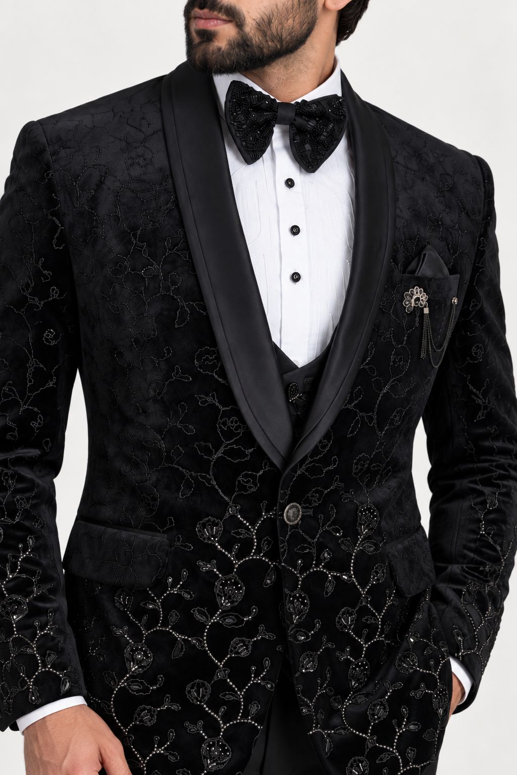 Black Embroidered Tuxedo Suit