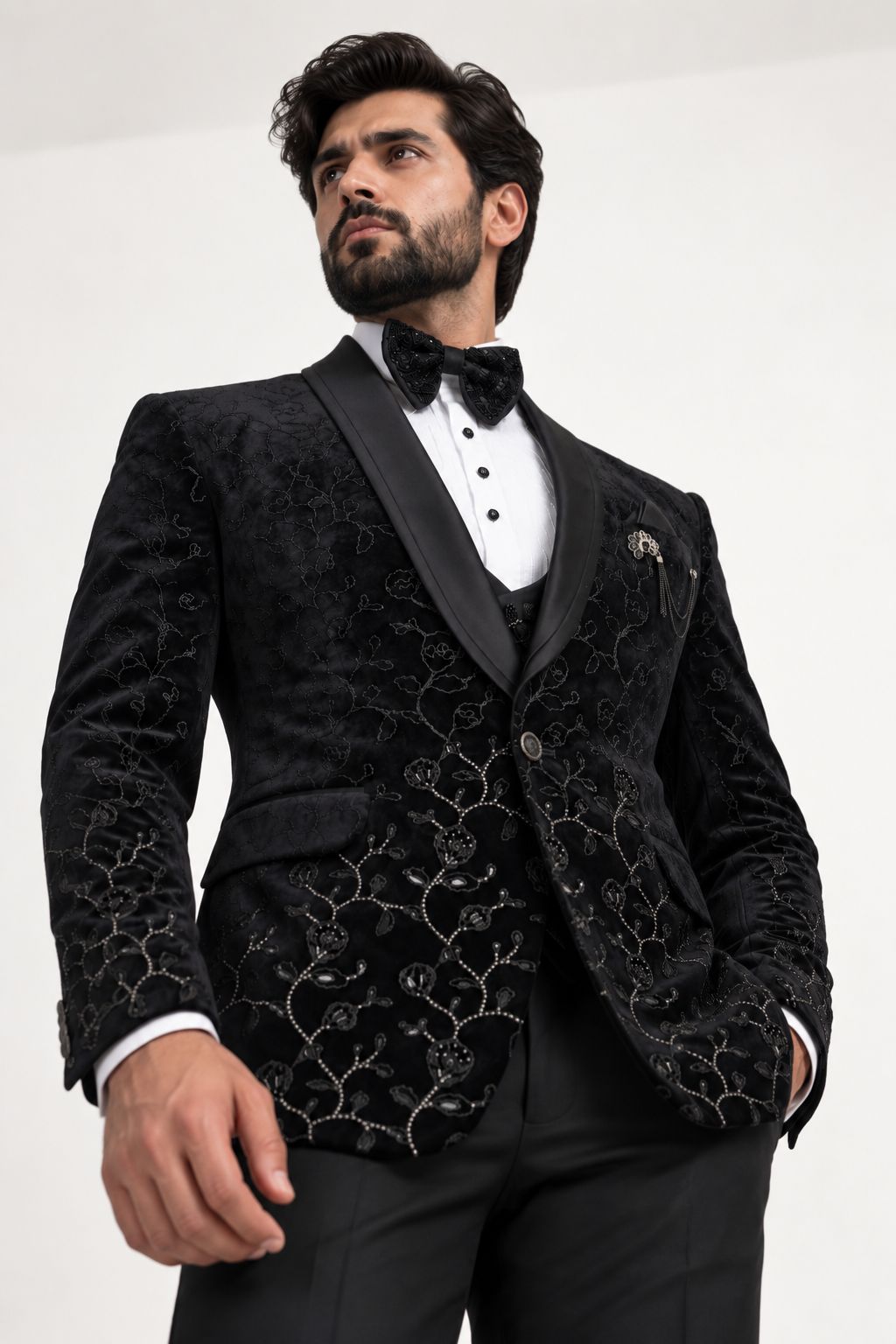 Black Embroidered Tuxedo Suit