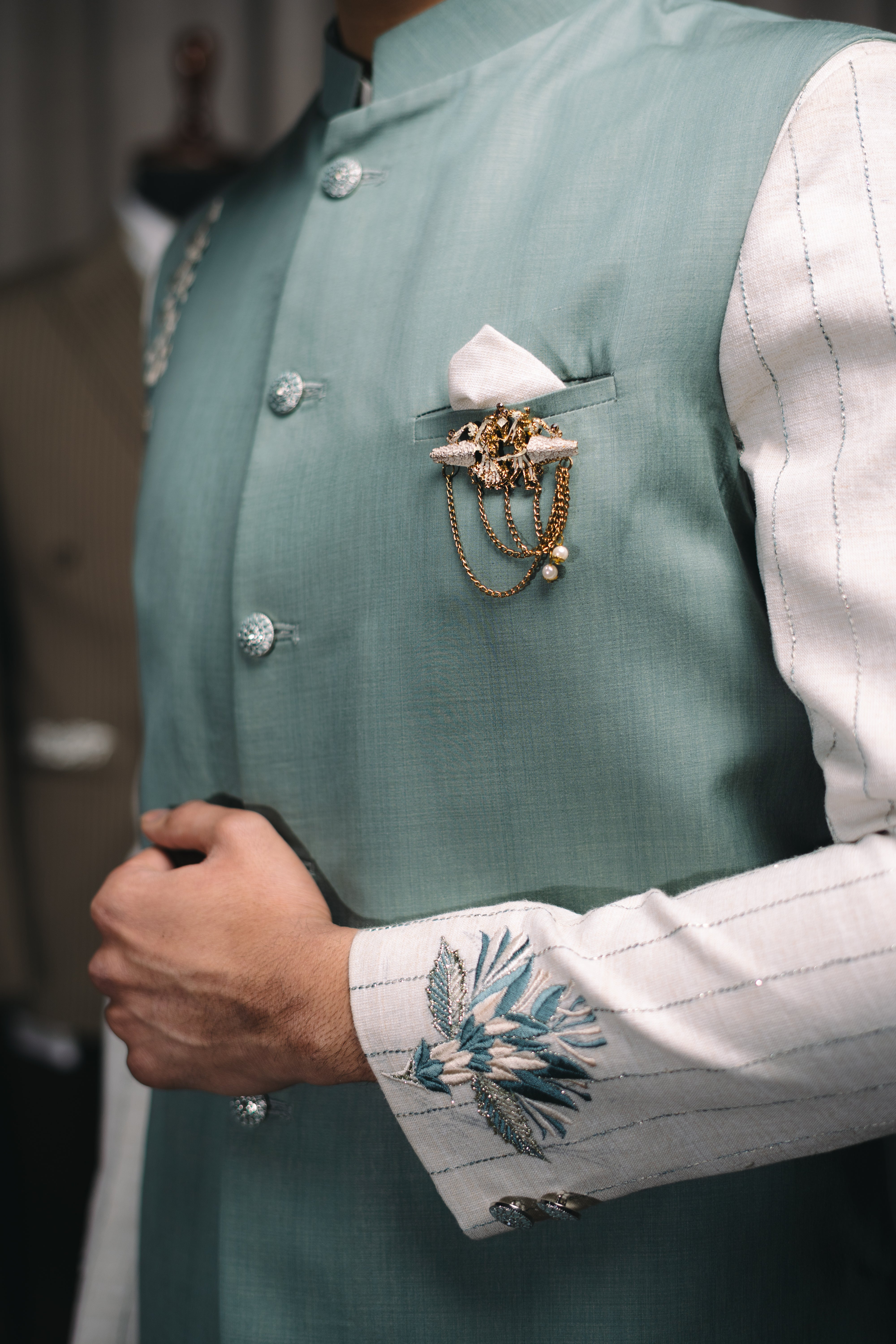 Green Embroidered Bundi Kurta Set