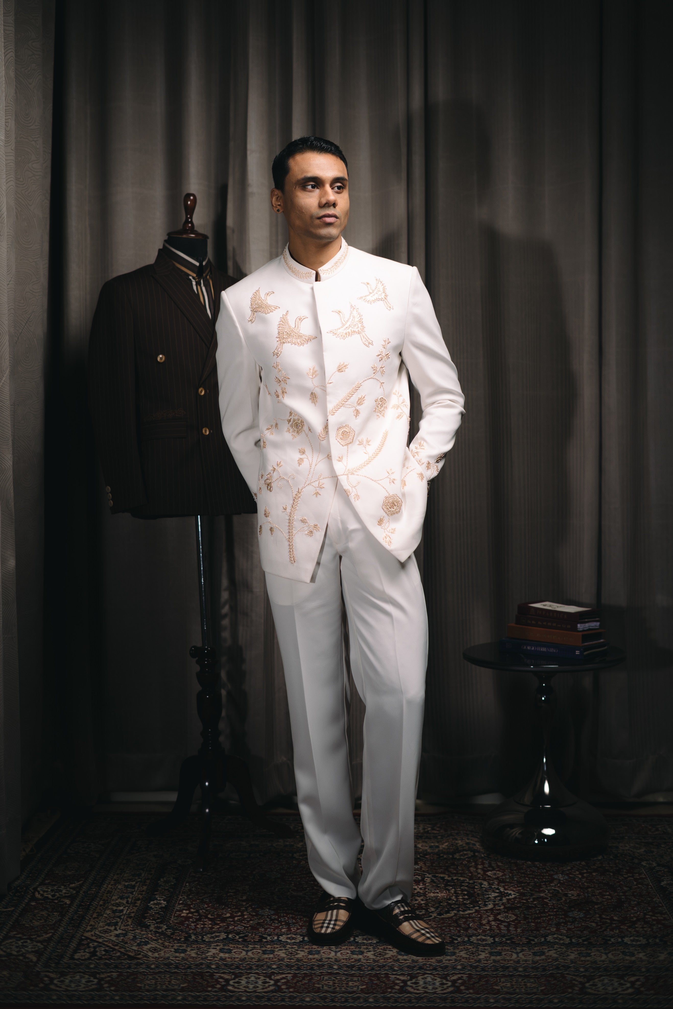 Cream Floral Embroidered Bandhgala Set