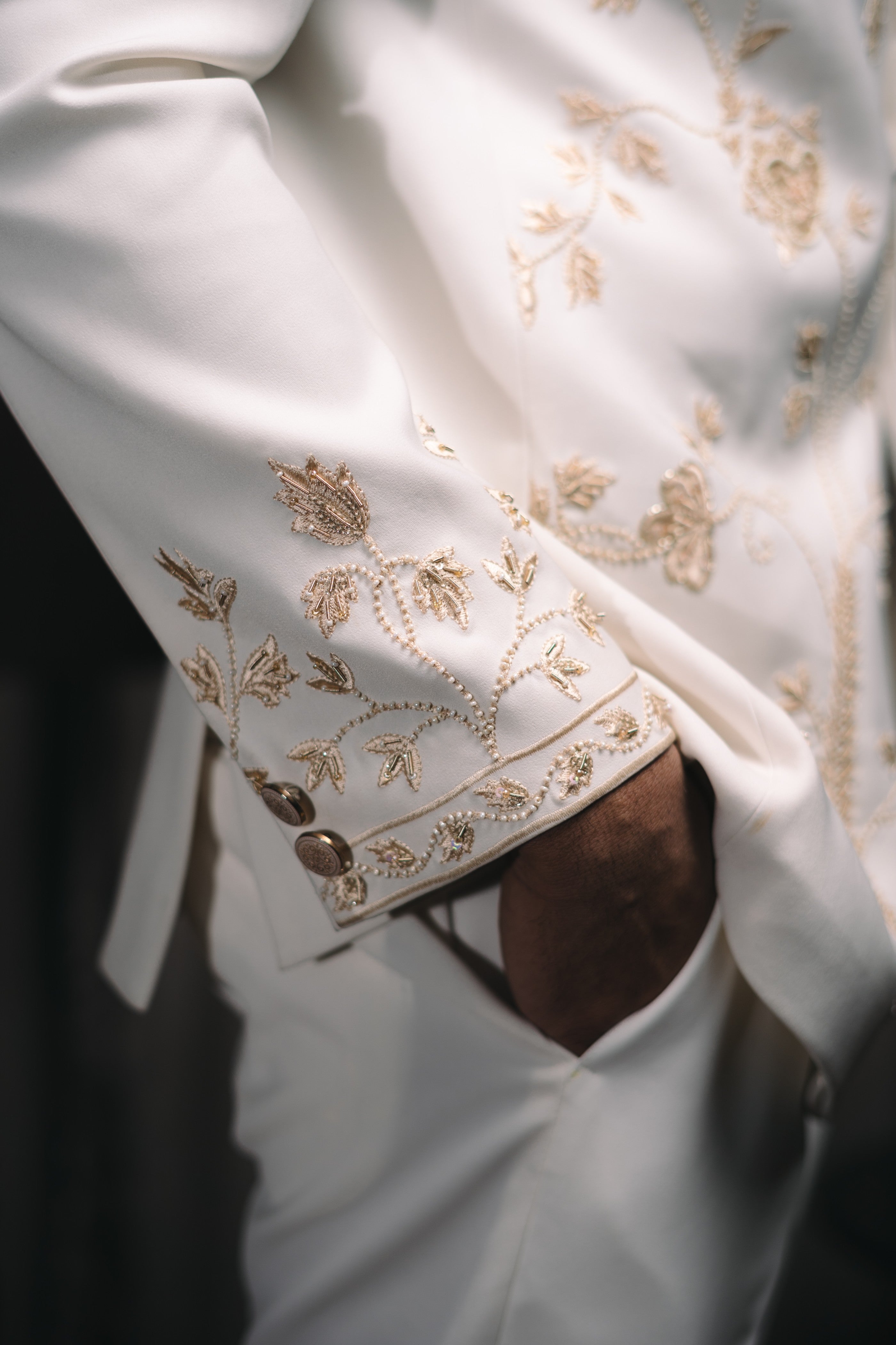 Cream Floral Embroidered Bandhgala Set