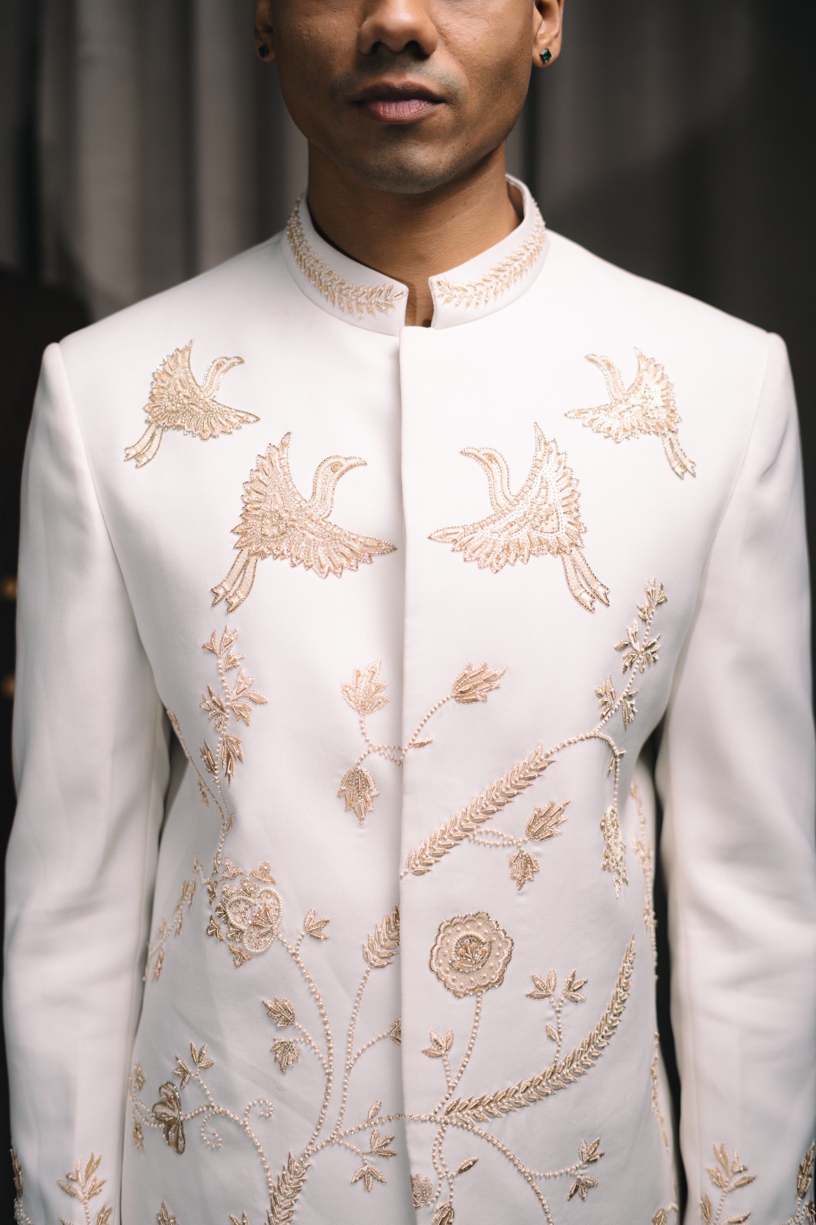 Cream Floral Embroidered Bandhgala Set