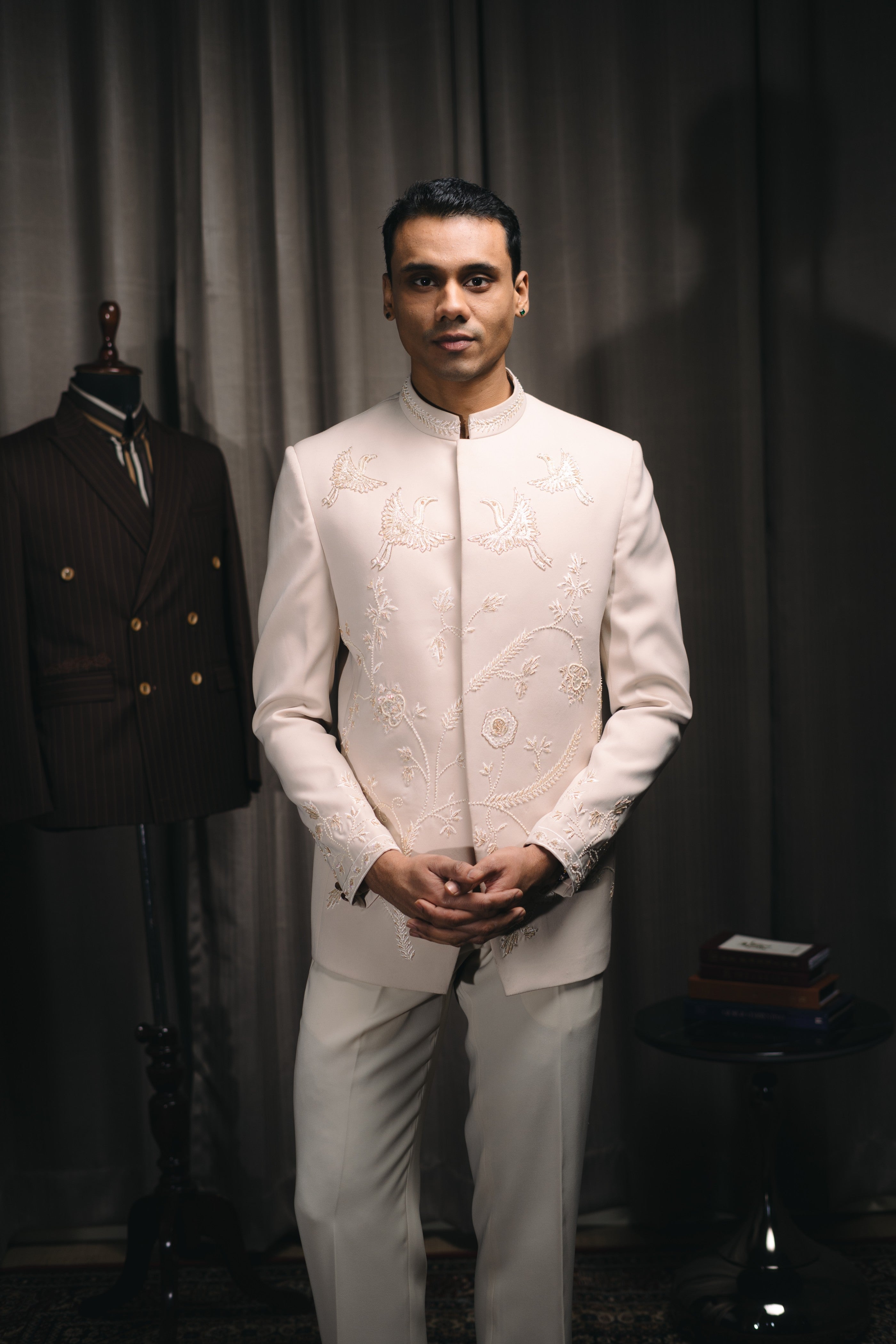 Fawn Bird Motif Embroidered Bandhgala Set