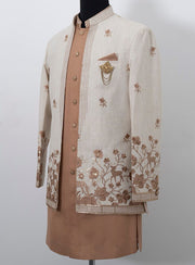 Peach Linen Blend Floral Embellished Outfit Set