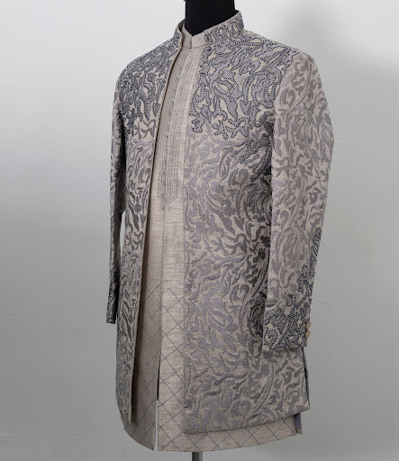 Steal Grey Silk Blend Hand Embroidered Outfit Set