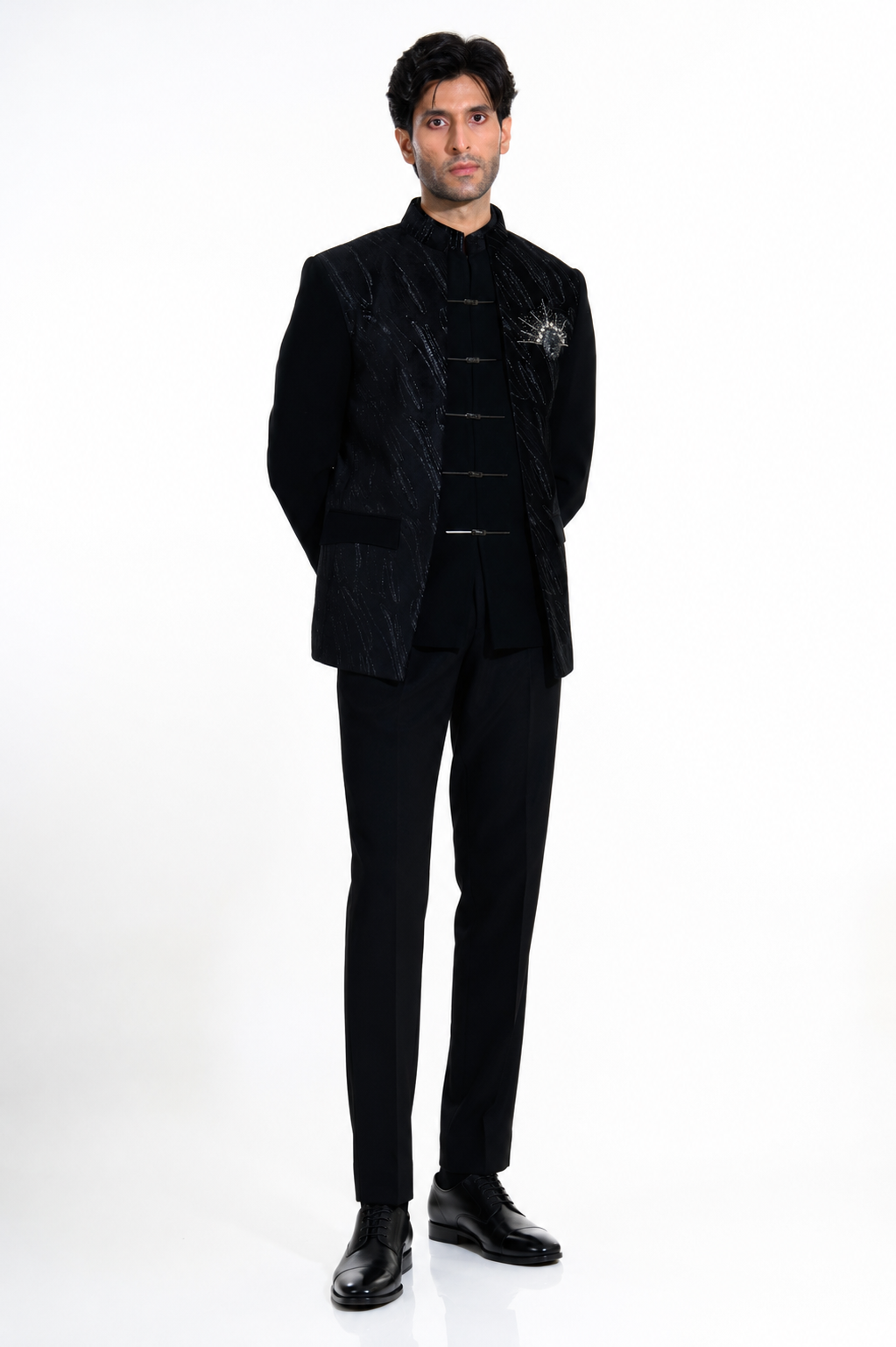 Midnight Black Layered Bandhgala Set
