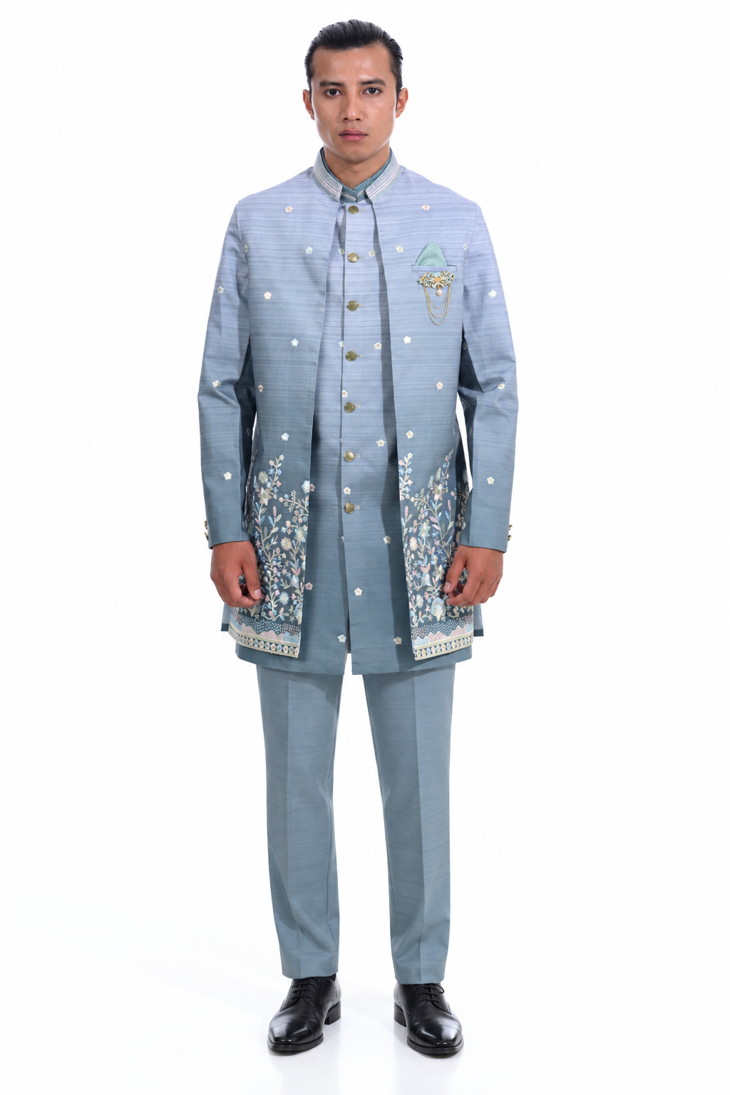 Aqua Floral Embroidered Indo Jacket Set