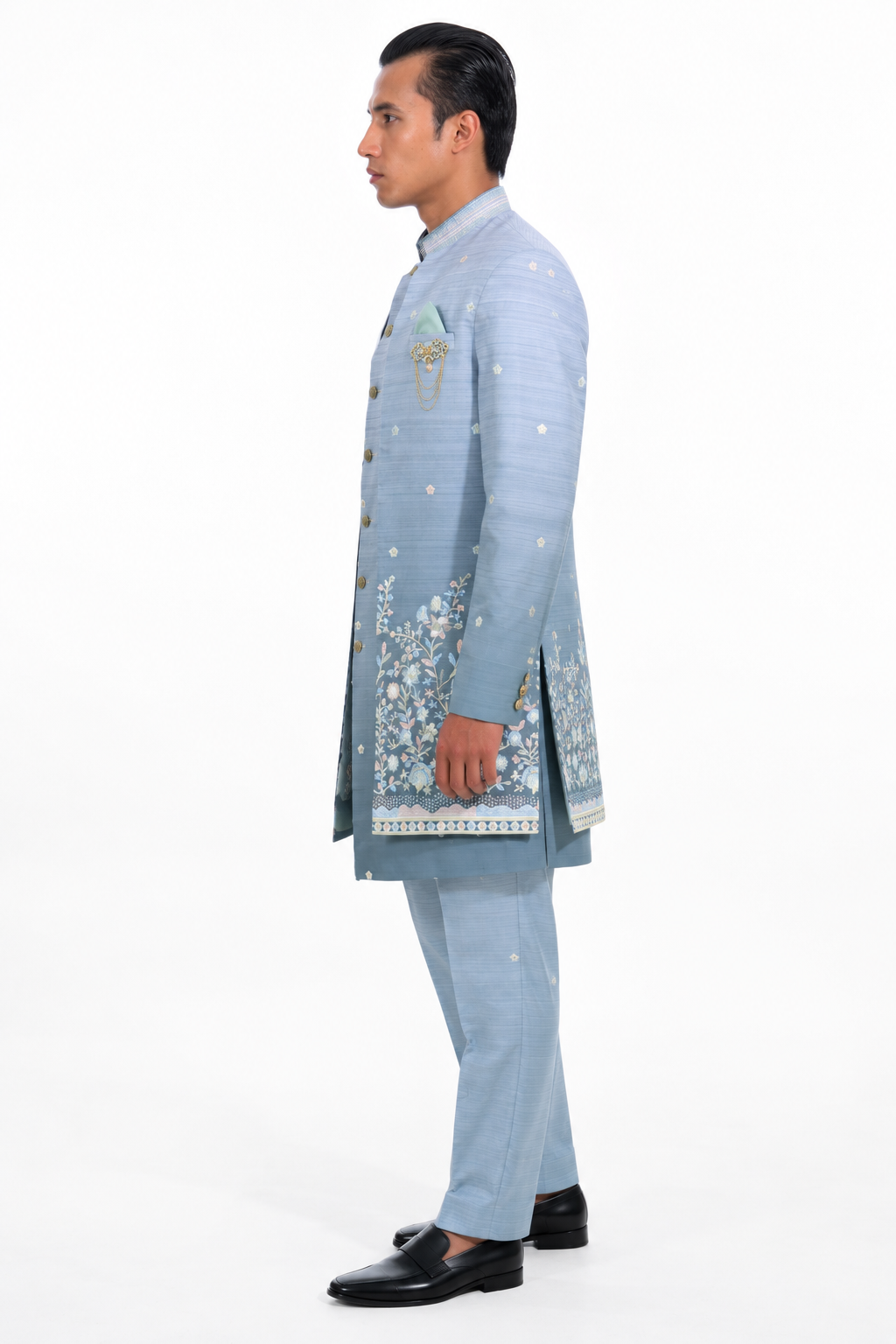 Aqua Floral Embroidered Indo Jacket Set