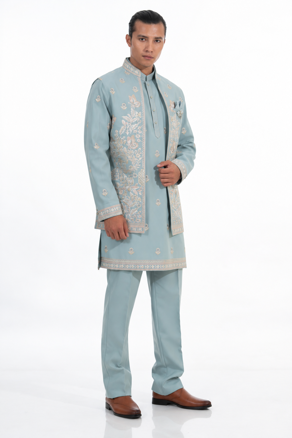 Powder Blue Floral Embroidered Indo Western Set