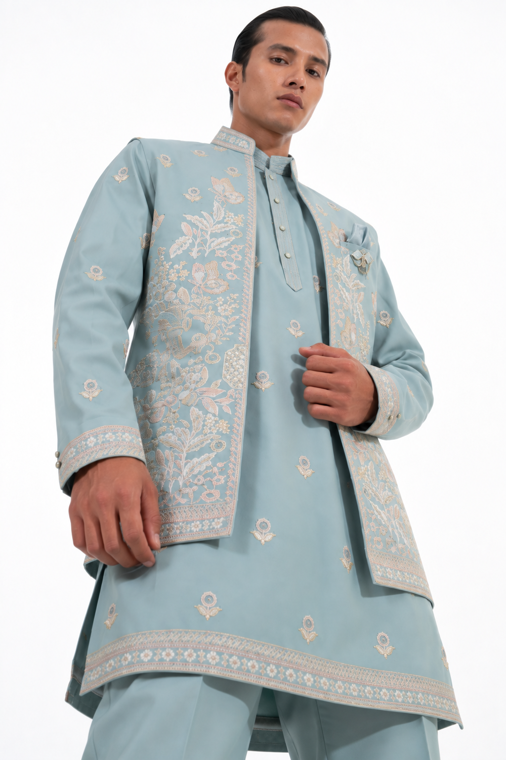 Powder Blue Floral Embroidered Indo Western Set