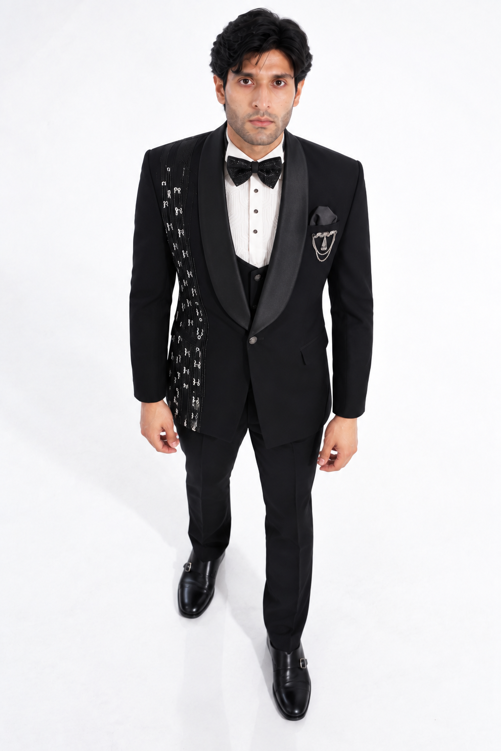 Black Embellished Shawl-Lapel Tuxedo