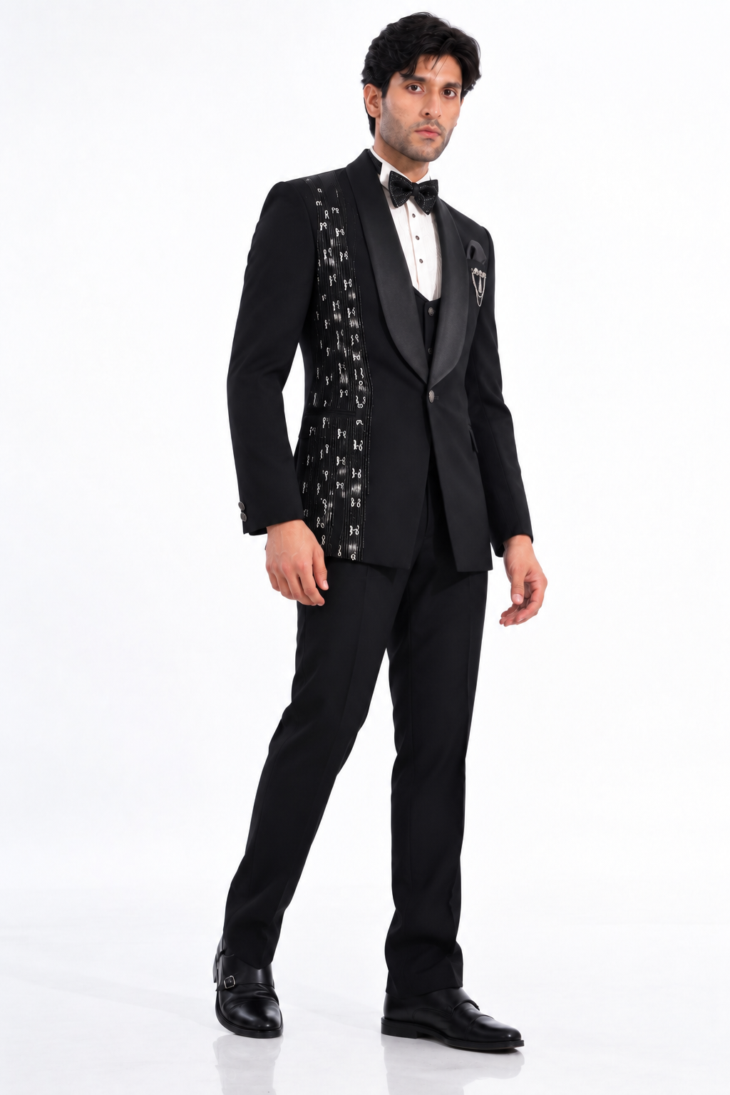 Black Embellished Shawl-Lapel Tuxedo