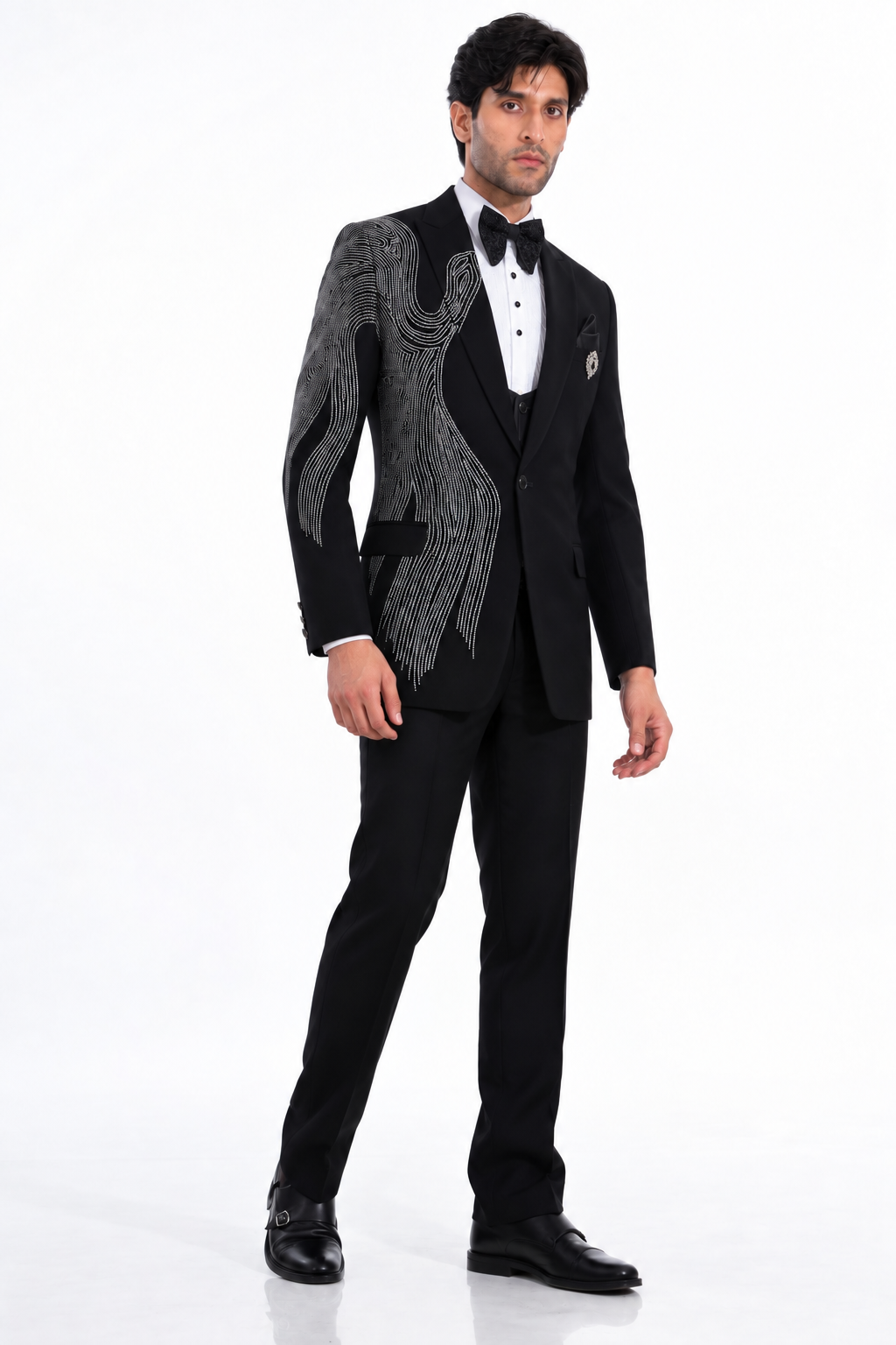 Black Embellished Tuxedo Suit