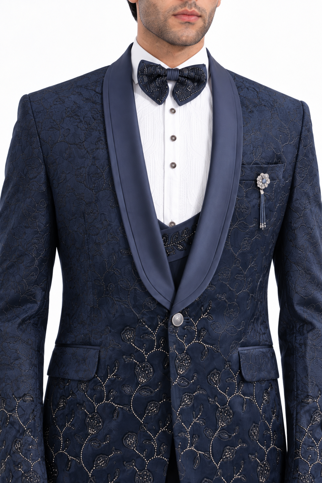Blue Embroidered Tuxedo Suit